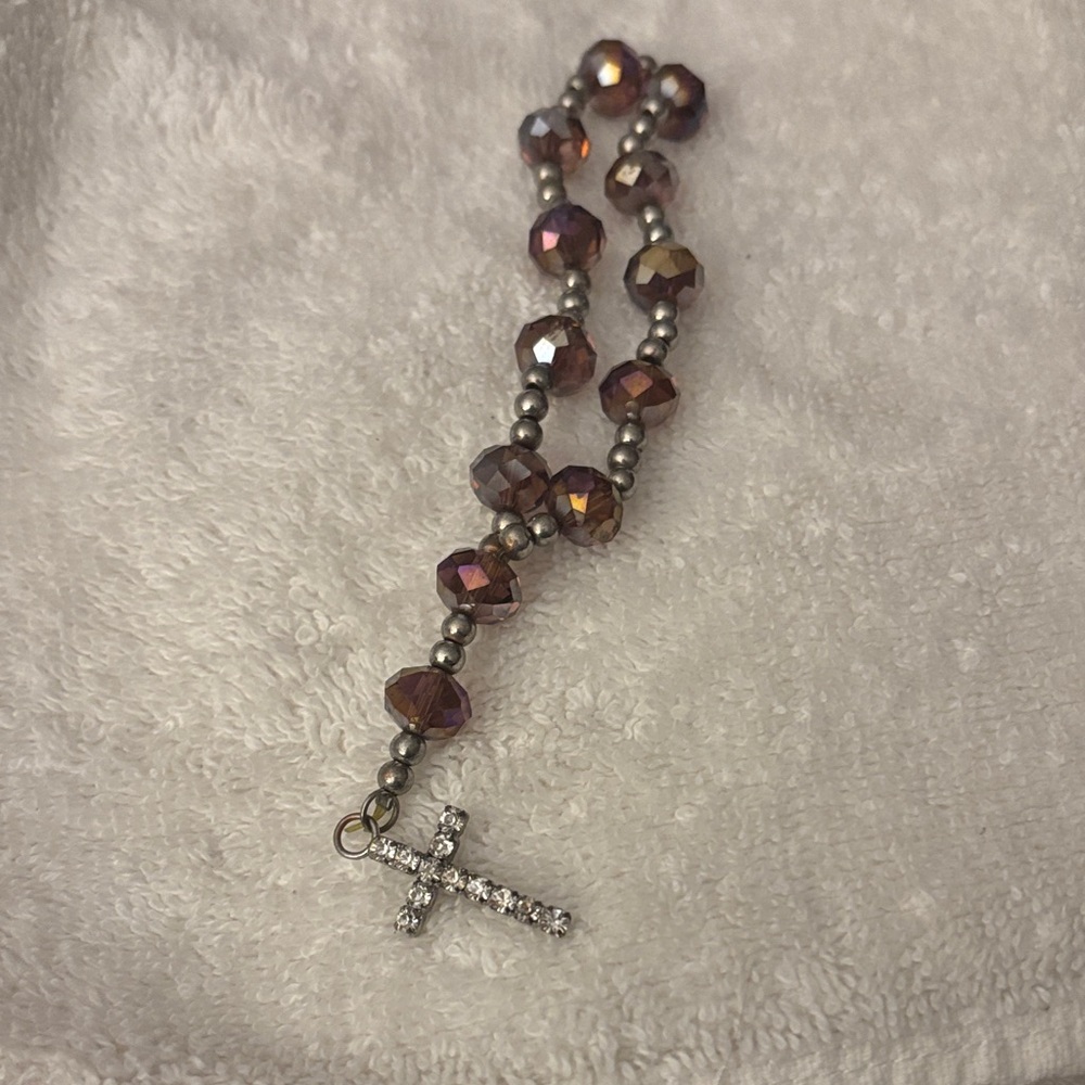 Elegant Brown and Silver Beaded Cross Stretch Bracelet